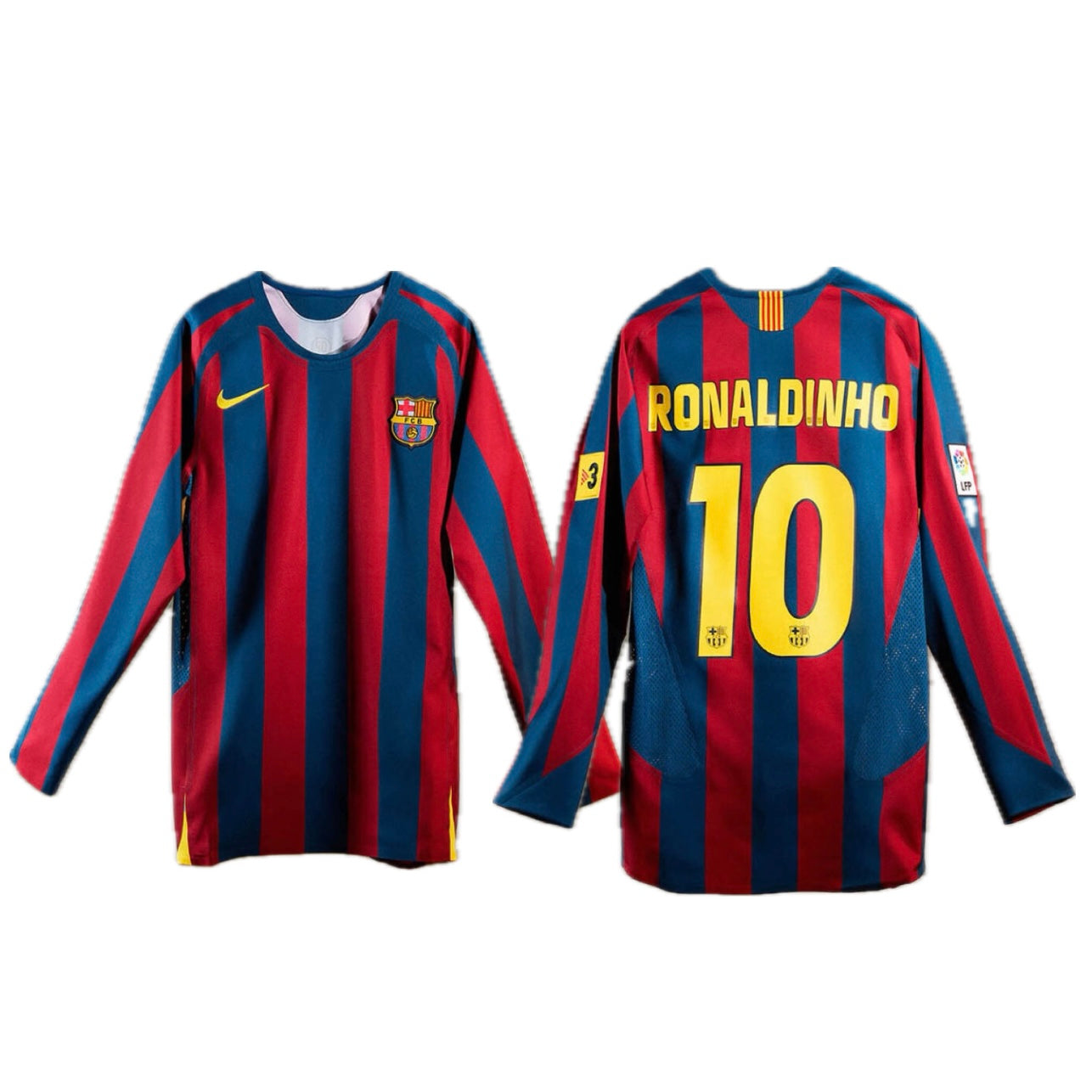 Camisola MANGA LONGA Barcelona Home Ronaldinho Retrô 2005/06 - Vermelha e Azul REEDIÇÃO