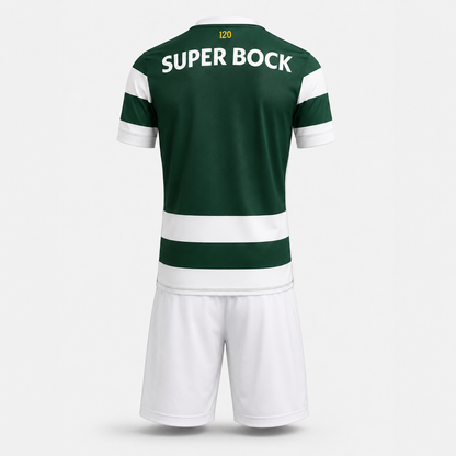 Conjunto infantil S C P principal 120 anos verde e branca com calção branco 2026/27 - [pré venda: 11 a 22 dias úteis]