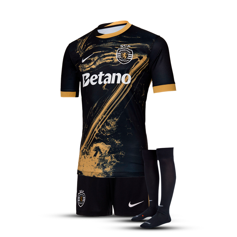 Conjunto infantil “7” COM MEIAS terceiro equipamento 2024/25 - preto e dourado