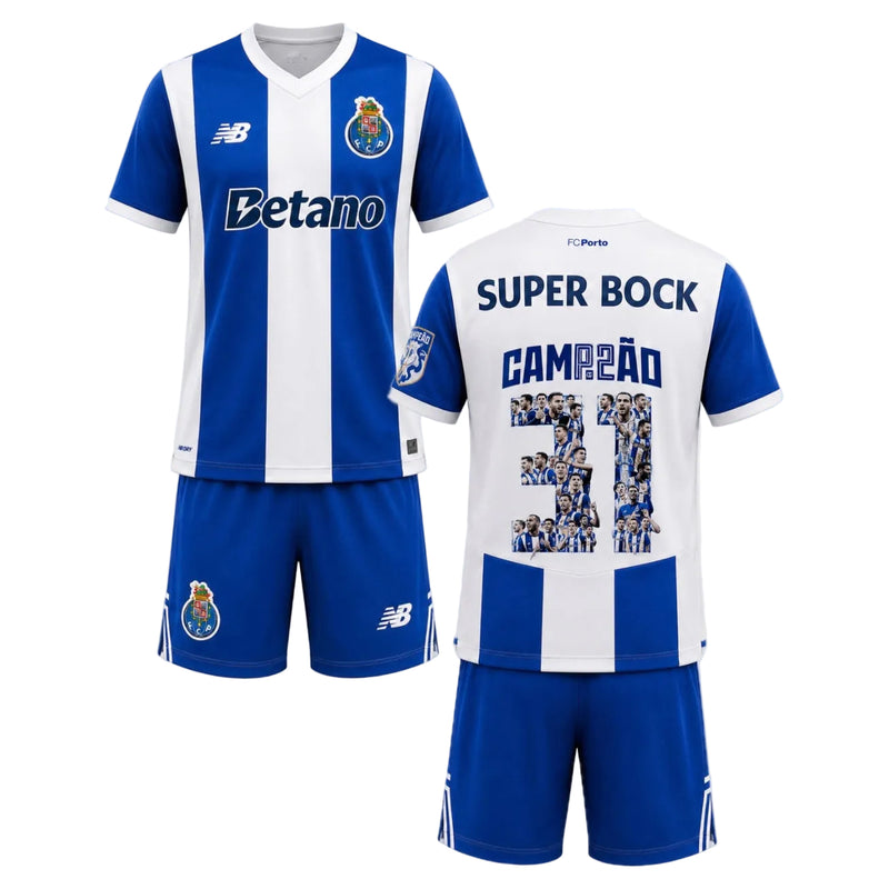 Conjunto infantil CAMPEÕES 31 dragão PRINCIPAL 2026/27 azul e branca – pré venda (11 a 22 dias úteis)