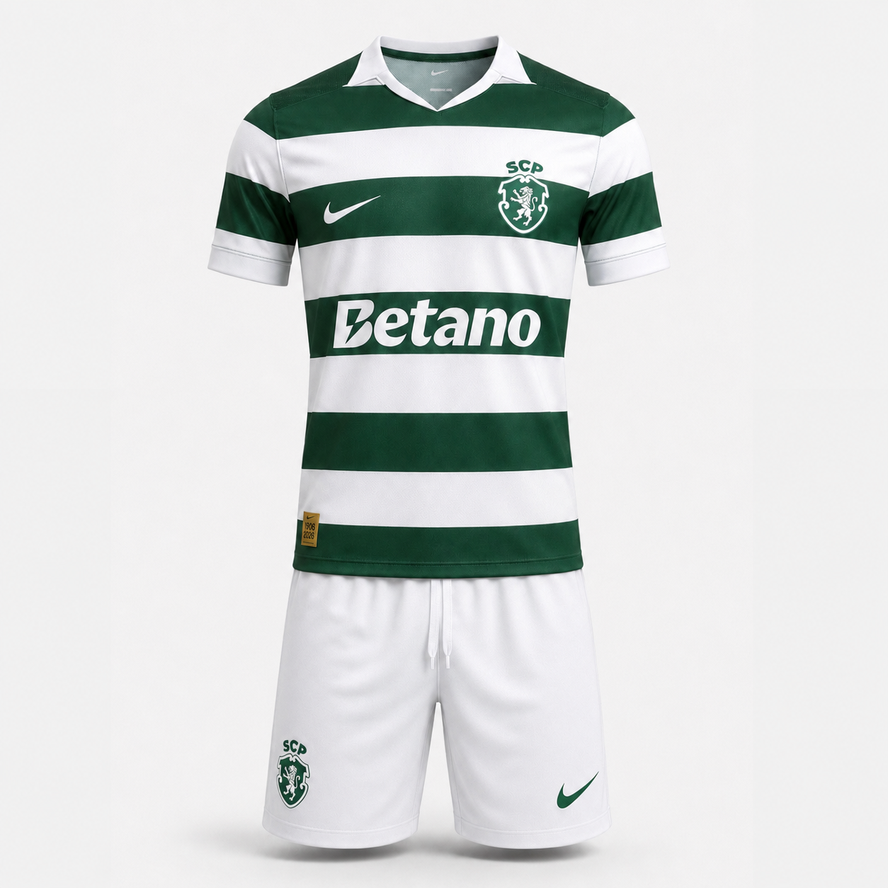 Conjunto infantil S C P principal 120 anos verde e branca com calção branco 2026/27 - [pré venda: 11 a 22 dias úteis]