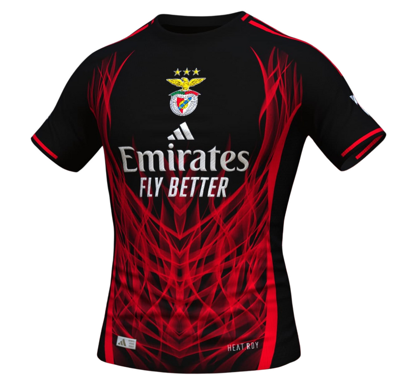 Camisola concept vermelha e preta com símbolo AS CORES 2025/26