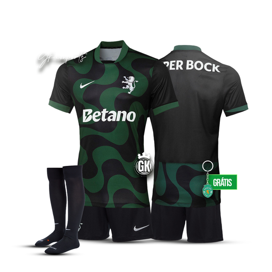 Conjunto infantil COM MEIAS alternativo preto/verde 2025/26
