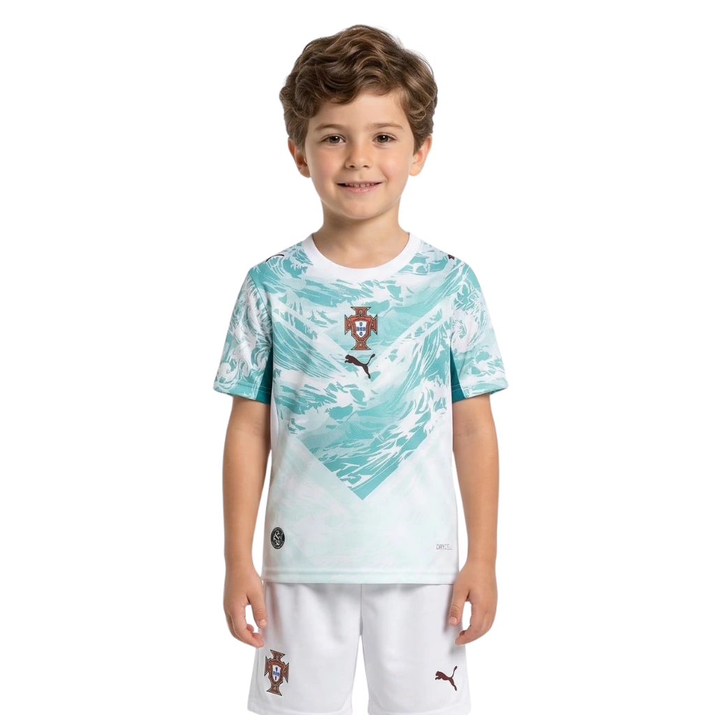 Conjunto infantil Seleção Portugal alternativa verde - calção branco - COPA DO MUNDO 2026