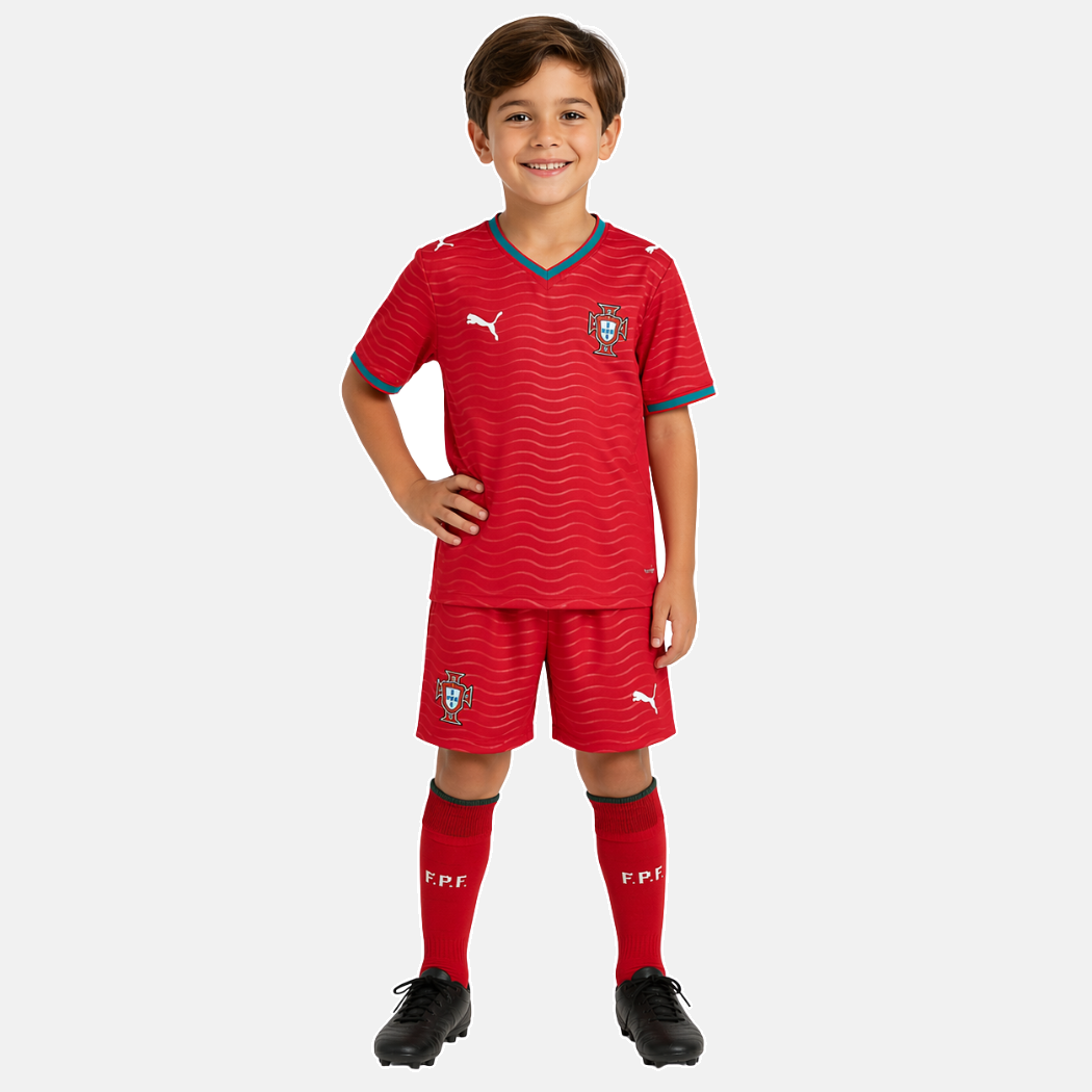 Conjunto infantil COM MEIAS Seleção de Portugal principal COPA DO MUNDO 2026 - vermelha